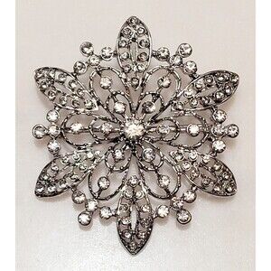 Snowflake Brooch White Rhinestones Silvertone Vintage